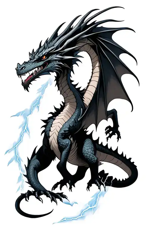 detailed dark flying full body dragon in lightning storm tattoo design idea