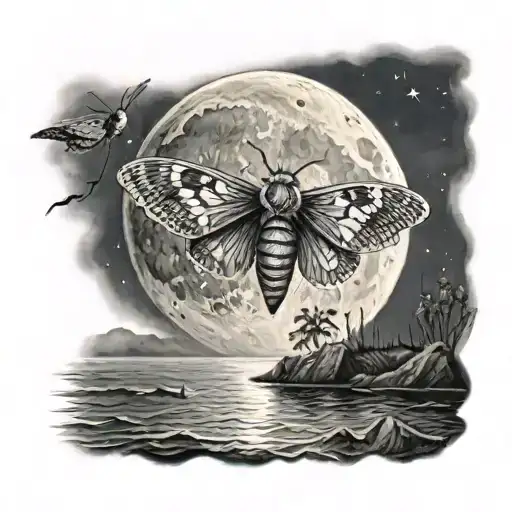 A moth flying under a full moon in a serene ocean setting tattoo design idea