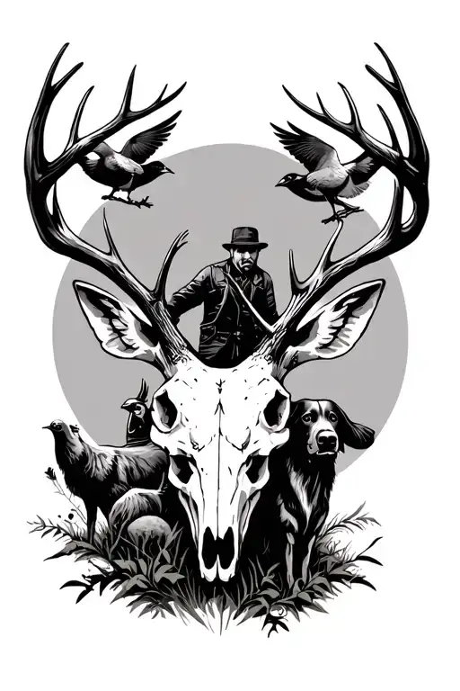 deer skull with a man and a bird dog bird hunting scene tattoo design idea