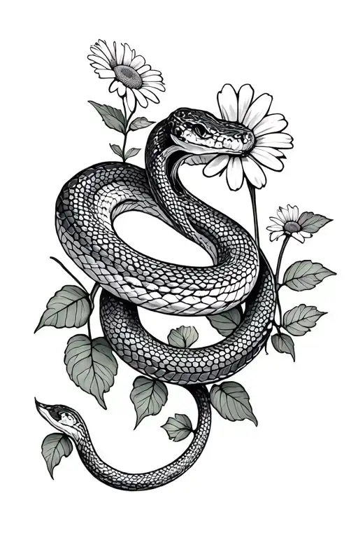 fine line snake outline with lines made of poison ivy leaves transition about halfway down to lines made of daisies tattoo design idea
