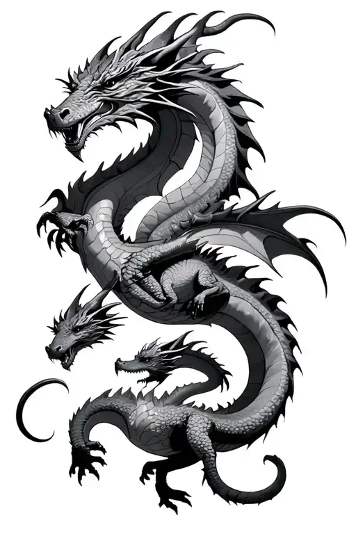 adult dragon with 4 younger dragons tattoo design idea