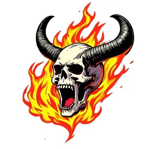 screaming skull with fire, pentagon and horns tattoo design idea