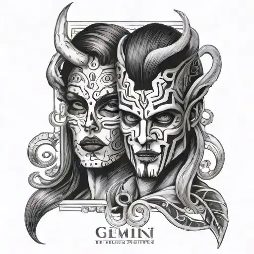 Tattoo on the forearm, horoscope Gemini, theatrical masks, hand mask, good and evil tattoo design idea