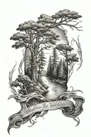 inside forearm tattoo - tall trees with river in the middle then a quote in the river saying "what will be will be" tattoo design idea