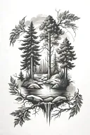 inside forearm tattoo - tall trees with river in the middle then a quote in the river saying "what will be will be" tattoo design idea