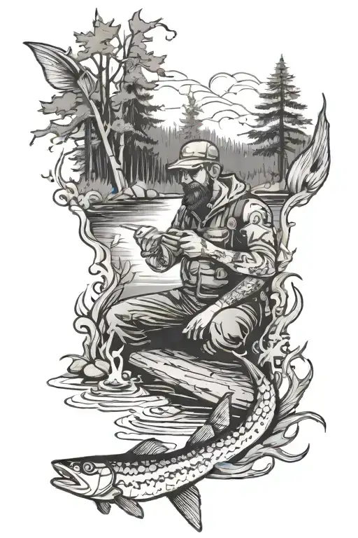 tattoo sleeve, trees, campfire, fisherman, guy fishing, below the elbow under water scene, fish, northern pike tattoo design idea