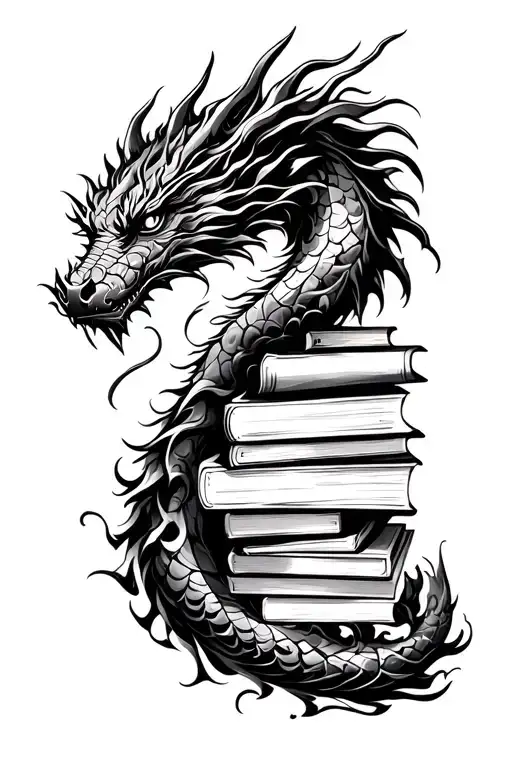 Sleeping dragon tower of books forming tattoo design idea