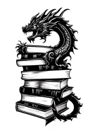 Sleeping dragon tower of books forming tattoo design idea