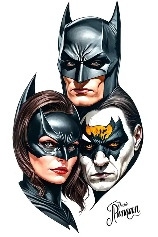 A realistic portrait-style tattoo featuring Batman, Catwoman, Two-Face, and Penguin  tattoo design idea