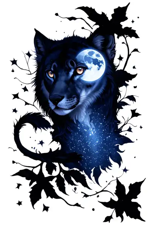 Night, the beginning of a new path, animal, the light of the moon, bright eyes, willpower and spirit tattoo design idea