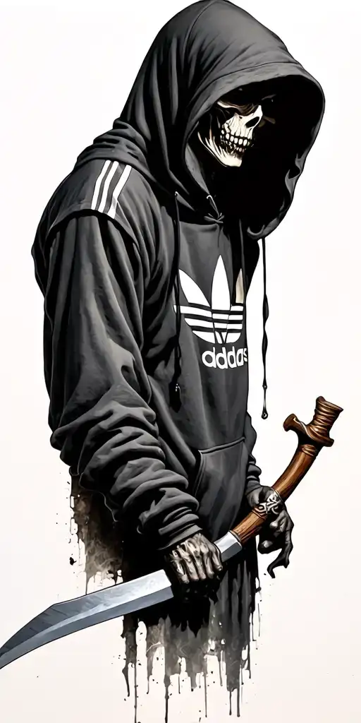grim reaper wearing an Adidas hoody and holding a scythe  tattoo design idea