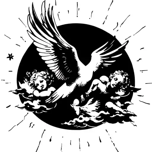 flying dove with cherub on each side with sunrays and clouds   tattoo design idea