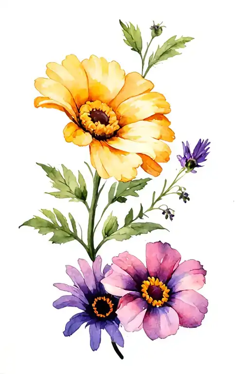 honeysuckle flower, calendula, morning glory, aster flower tattoo design idea