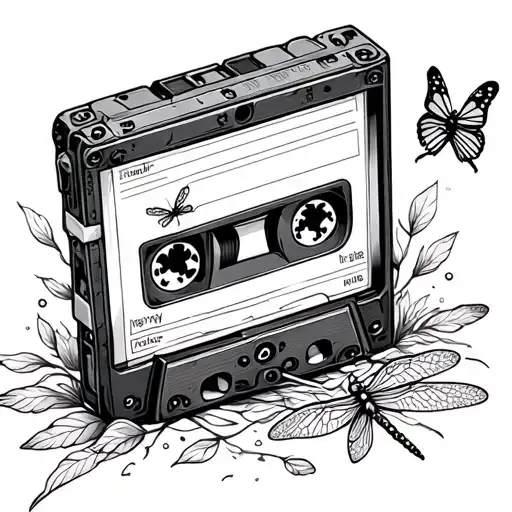 dainty fine line cassette tape with small dragonfly and butterfly on it  tattoo design idea