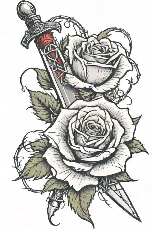 Rose ensnared with a dagger wrapped with barbed wire tattoo design idea