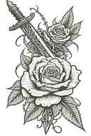 Rose ensnared with a dagger wrapped with barbed wire tattoo design idea