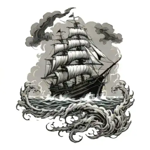 Pirate ship with a kraken attacking the ship from below, lightning bolts and stormy weather tattoo design idea