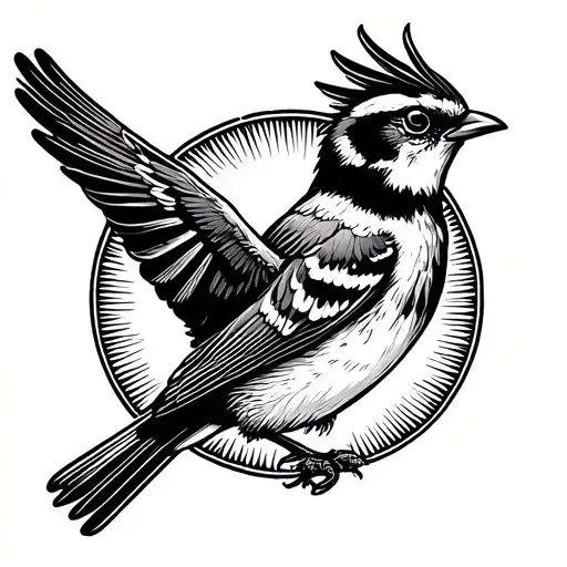 sparrow bird flying with sun in background black and white traditional style tattoo design idea