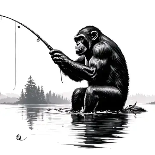 chimpanzee fishing on a lake tattoo design idea