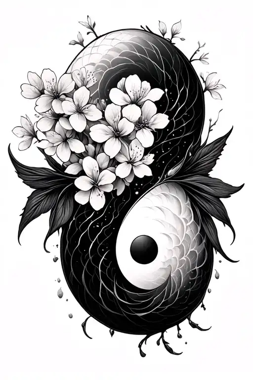 visible yin yang Pisces zodiac sign with cherry blossoms tattoo design idea