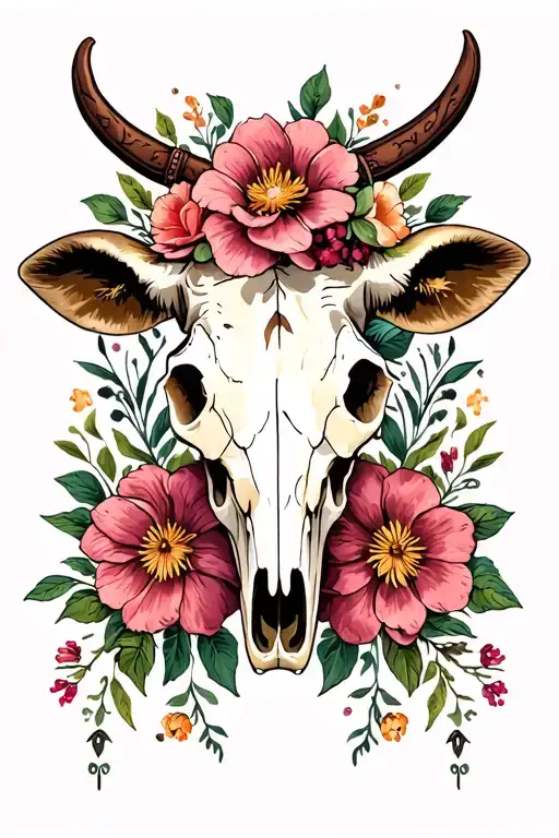 western floral with cow skull and leather tooling  tattoo design idea