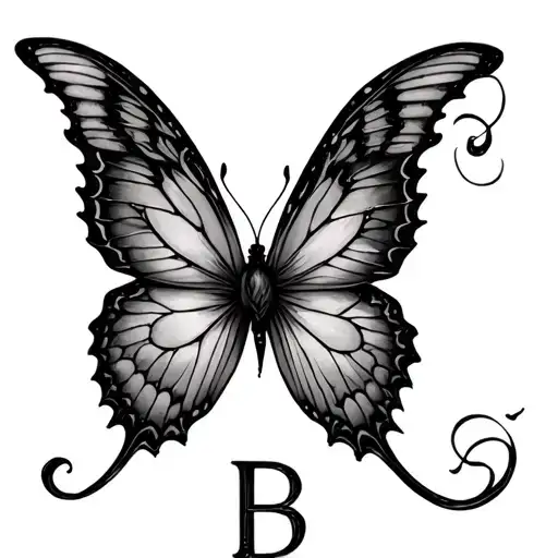 INFP, butterfly, a cursive letter B ,fire, reborn, love, beauty, black and white tattoo design idea