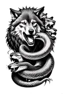 A snake fighting a wolf as several lions watch. tattoo design idea