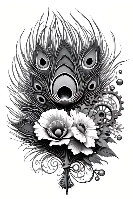 steampunk style peacock feathers, sweet pea flowers, gears, and fan tattoo design idea