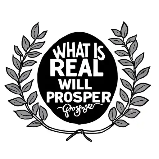 black and white laurel wreath with “what is real will prosper” in the middle tattoo design idea
