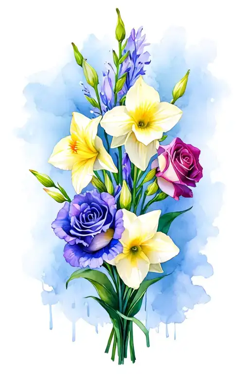 gladiolus, daffodil, rose, sweet pea family birth flower bouquet tattoo design idea