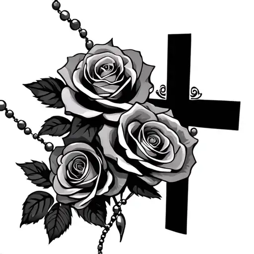 3 roses, memorial, cross intertwined, rosary beads tattoo design idea