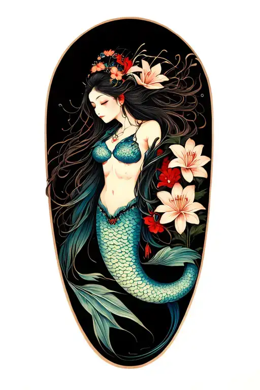 japanese mermaid with long hair and spider lilys tattoo design idea