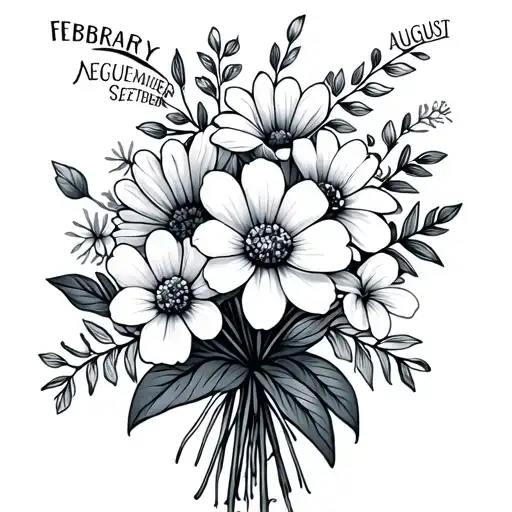 simple line art style flower boquet with february, august, september and december birth flowers tattoo design idea