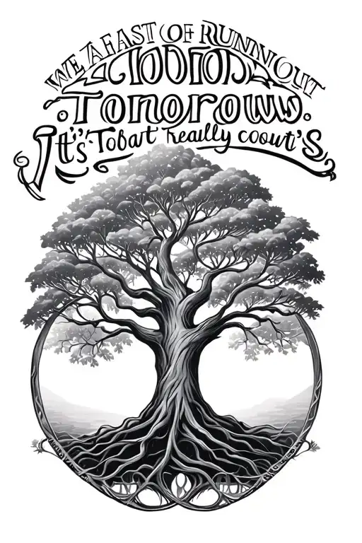 tree of life with the words "we are fast running out of tomorrows, it's today's that really count" tattoo design idea
