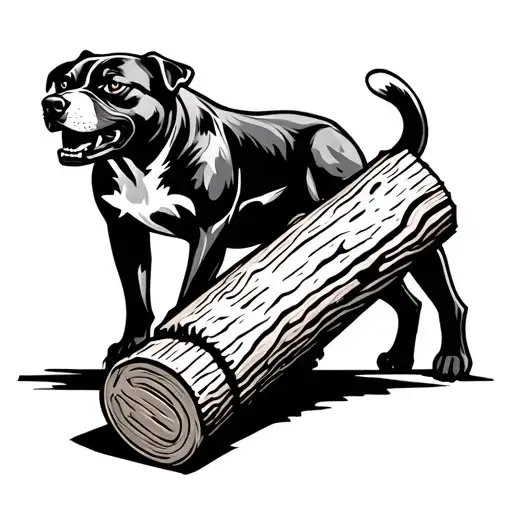 A fierce dog silhouette lifting a heavy wooden log as a nod to powerlifting and woodworking tattoo design idea