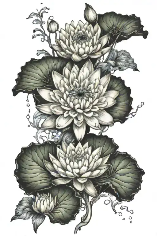Chrysanthemums and water lily tattoo design idea