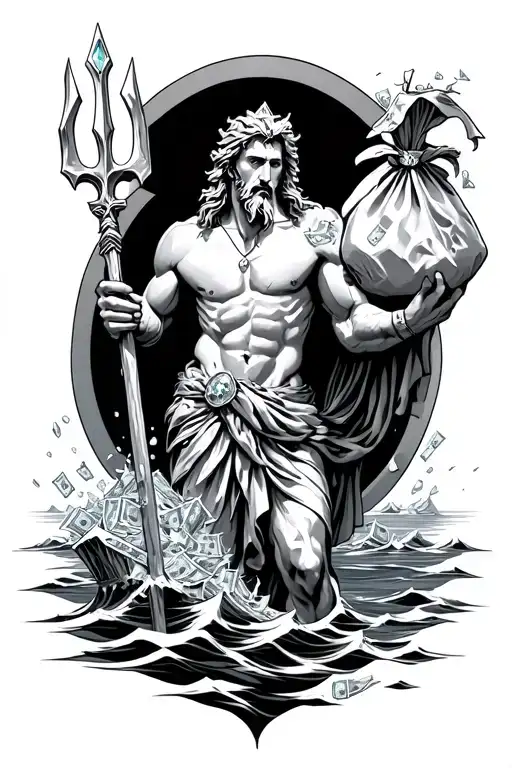 Poseidon holding a iced out (diamond) trident standing over the ocean holding a ripped bag of money spilling  tattoo design idea
