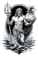 Poseidon holding a iced out (diamond) trident standing over the ocean holding a ripped bag of money spilling  tattoo design idea