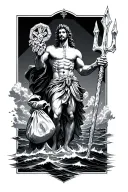 Poseidon holding a iced out (diamond) trident standing over the ocean holding a ripped bag of money spilling  tattoo design idea