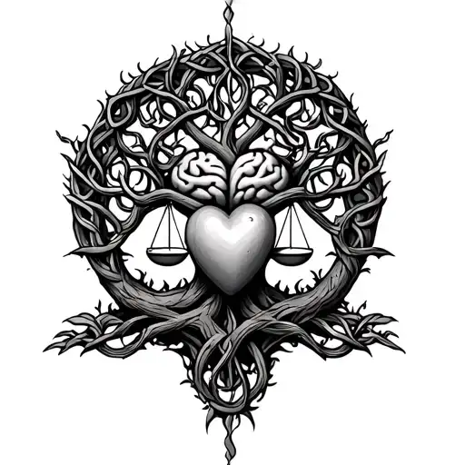 celtic tree of life with scales balancing brain and heart tattoo design idea