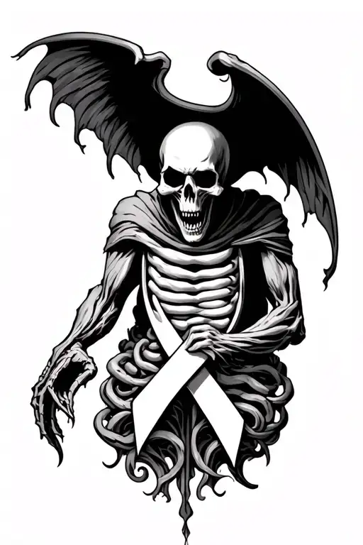 grimo reaper dying representing colon cancer ribbon tattoo design idea