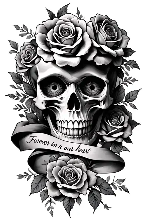 skull with roses intertwined and a ribbon coming out of the eye wrapping around to the mouth saying forever in our heart tattoo design idea
