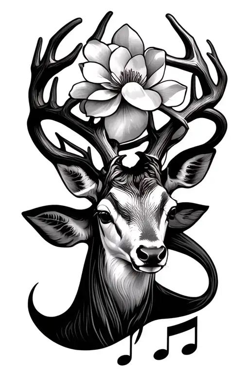 single deer antler with magnolia flower and music note symbol  tattoo design idea