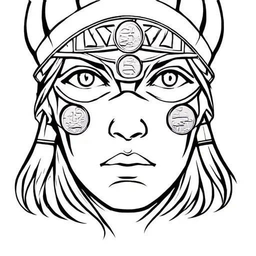viking woman face with two coin eyes tattoo design idea