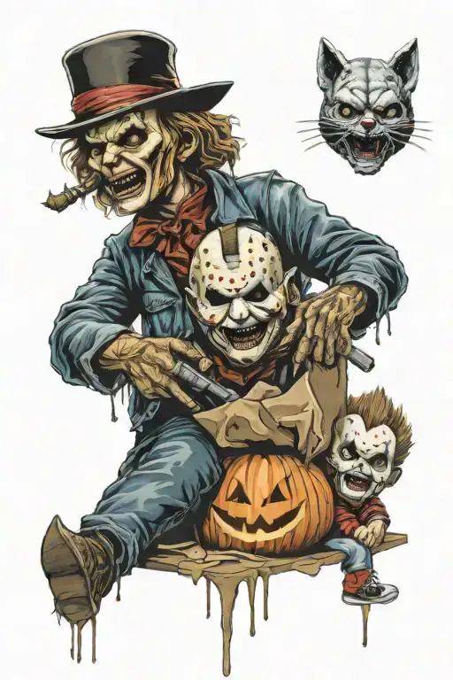 Jason Voorhees chucky leatherface Micheal Myers Freddy Krueger pumpkin head emerging from pinhead's box as he opens it tattoo design idea