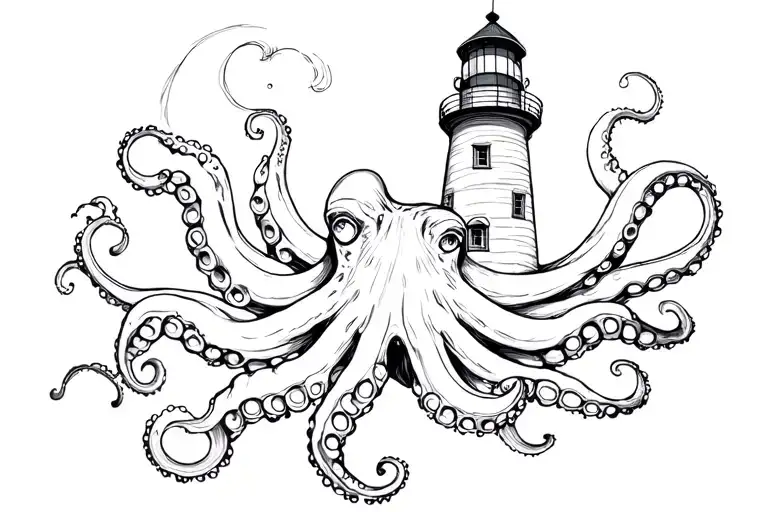lighthouse inside of a octopus  tattoo design idea