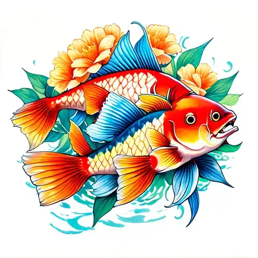 3 coy fish with flowers representing 5 emotions tattoo design idea
