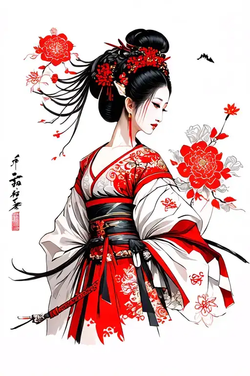 Yakuza, warrior, woman, red tattoo design idea