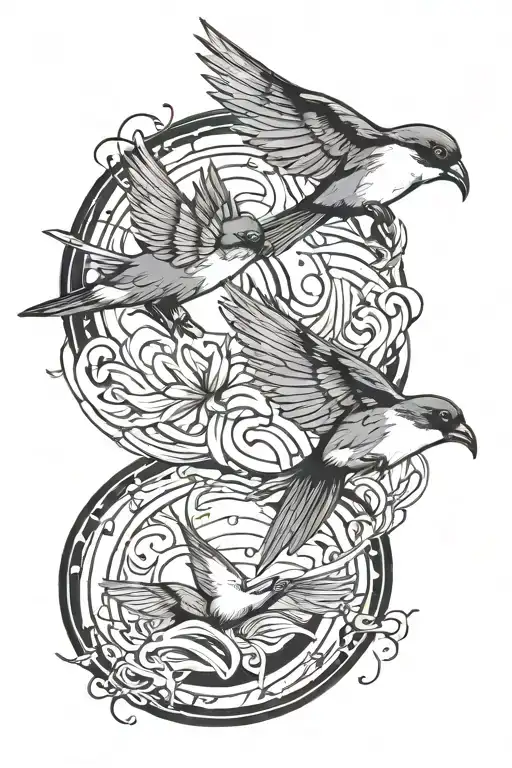Can you make a tattoo design for the inner forearm with two coi swimming in a circle and above that two swallows flying  tattoo design idea