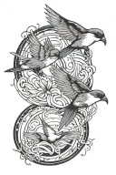 Can you make a tattoo design for the inner forearm with two coi swimming in a circle and above that two swallows flying  tattoo design idea